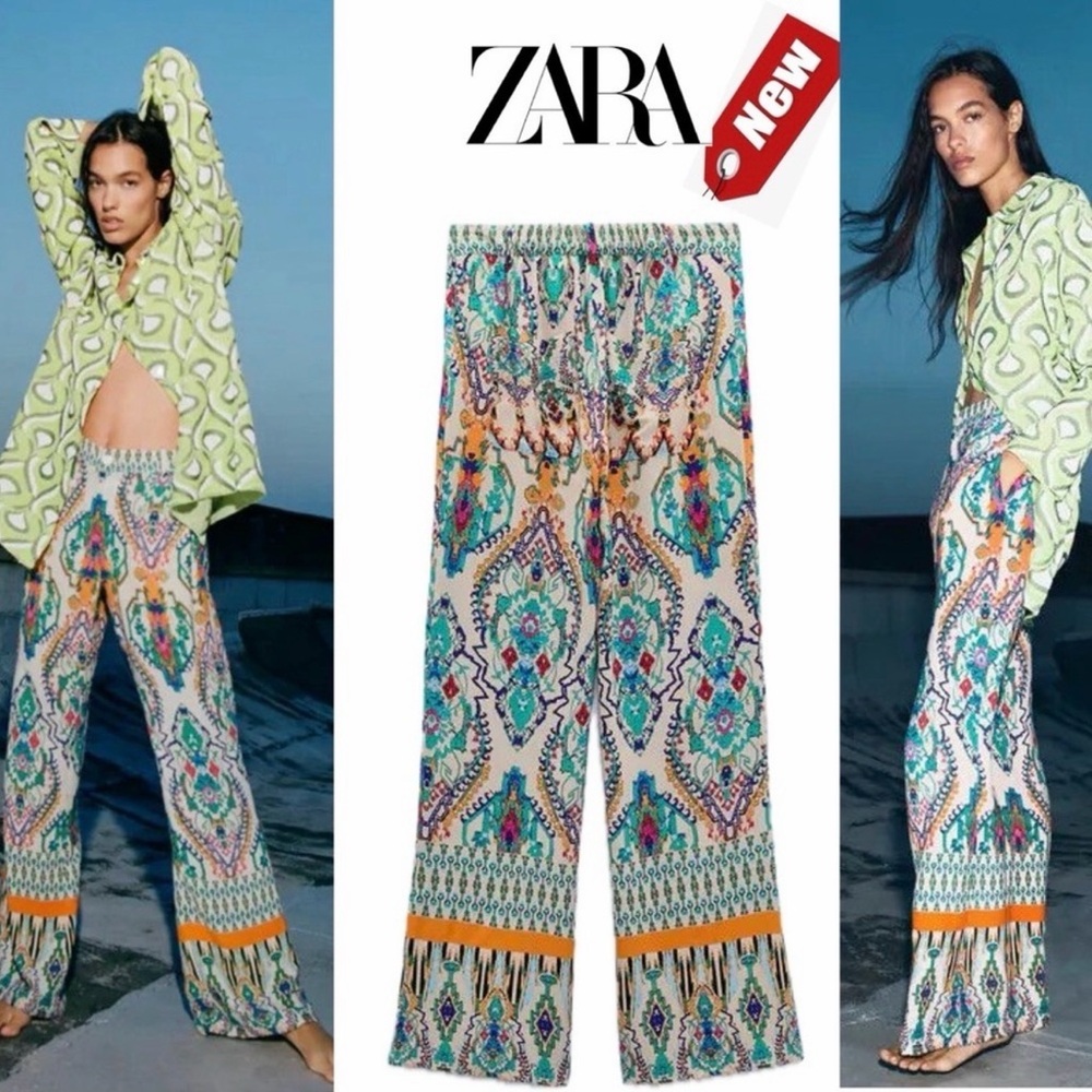 NWT Zara Limited Edition Vibrant Patterned Wide-Leg Pants